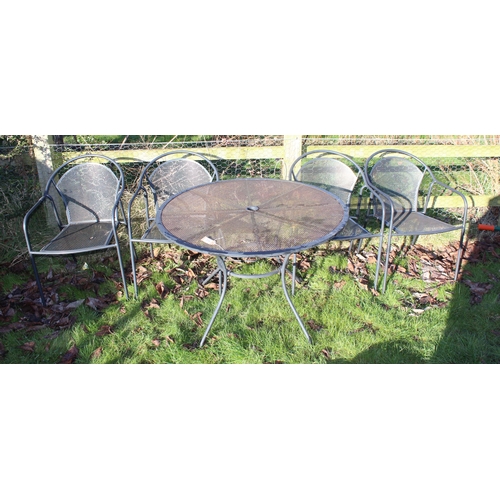 316 - Black metal garden bistro table and 4 chairs, the table approx 100cm in diameter