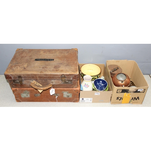 1790 - Mixed lot to incl 2 vintage suitcases, largest approx 50 x 35 x 15cm, retro pottery to incl Poole, D... 