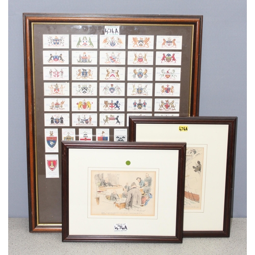 474A - 2 vintage satirical coloured prints and a framed set of Wills Cigarettes cards from the Arms of Comp... 