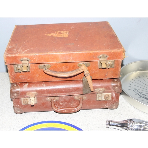 1779 - Mix of items to incl beer trays, Coca-Cola bar-mounted advertising bottle, 2 small vintage suitcases