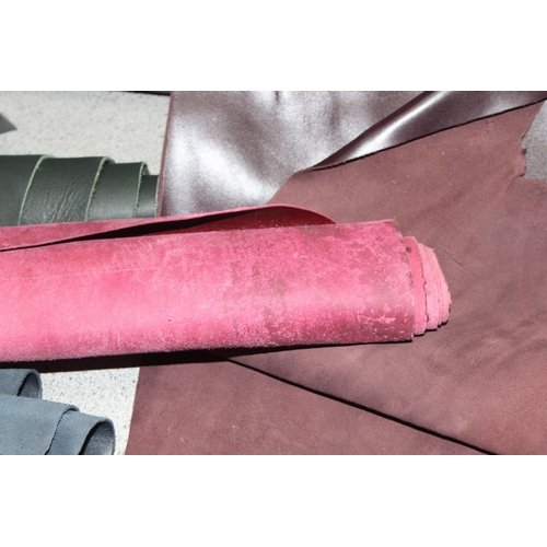 228 - Qty of mixed material small rolls/offcuts, mostly leather of various colours and thickness