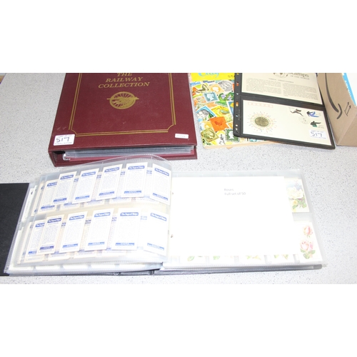 517 - Qty of mixed stamps, First Day Covers, picture/tea cards in album and postcards etc