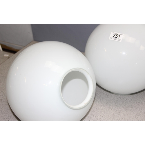 251 - 5 vintage matching opaque white glass light shades of globe form, approx 26cm diameter