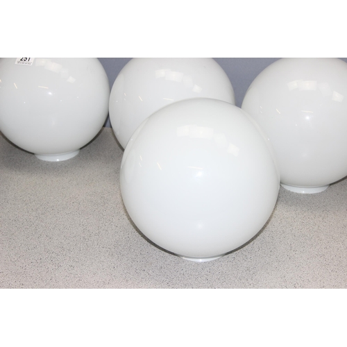 251 - 5 vintage matching opaque white glass light shades of globe form, approx 26cm diameter