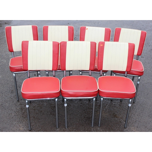 28A - A set of 7 1950's style cream and red leather effect chairs with chrome bases
