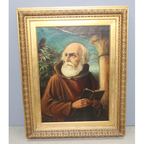 475 - A 19th century oil on canvas portrait of St Francis, various ink annotations verso, possibly JGB or ... 