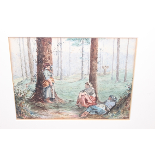 476 - Polly Rhodes (XIX), antique watercolour of females conversing in a woodland setting, signed indistin... 