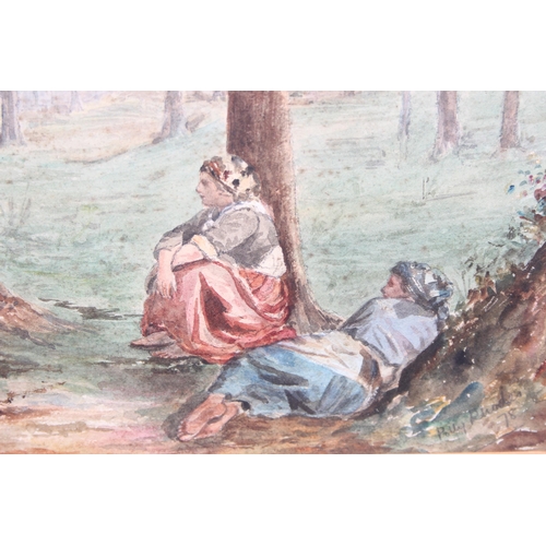 476 - Polly Rhodes (XIX), antique watercolour of females conversing in a woodland setting, signed indistin... 