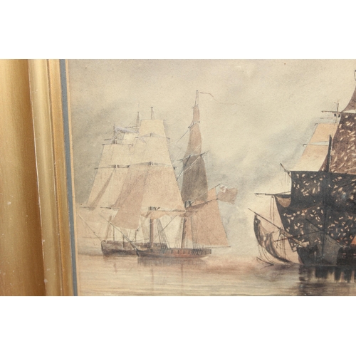 480 - An antique watercolour of galleons at sea, likely a 19th century preparatory sketch for a larger oil... 