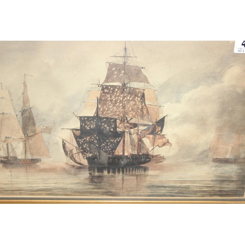 480 - An antique watercolour of galleons at sea, likely a 19th century preparatory sketch for a larger oil... 