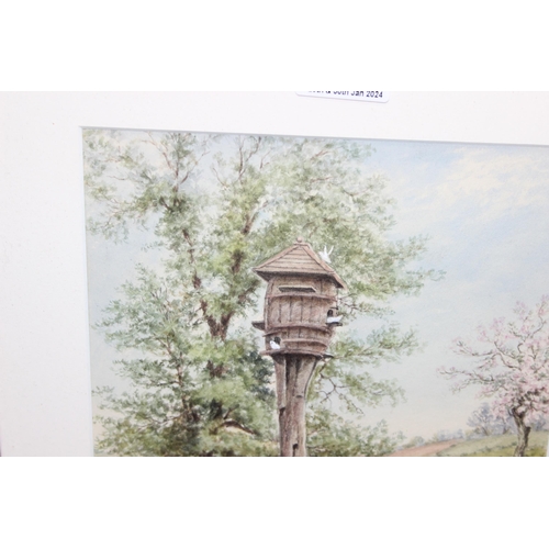 485 - Original antique watercolour of a treehouse and birds, signed 'W Gear, 1923', in frame, approx 41cm ... 