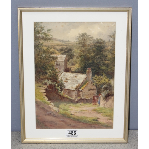 486 - Original watercolour of a country farmhouse/mill, with young girl at the gate, initialed bottom righ... 