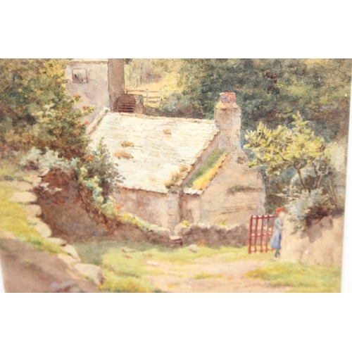 486 - Original watercolour of a country farmhouse/mill, with young girl at the gate, initialed bottom righ... 