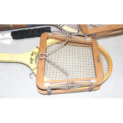 706 - 5 vintage wooden-framed tennis and badminton racquets to incl Dunlop