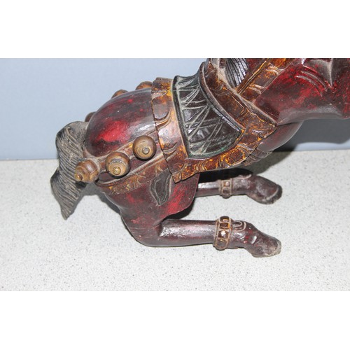 1738 - Large polychrome carved wood and painted Chinese rearing horse - some old repairs to legs, approx 42... 