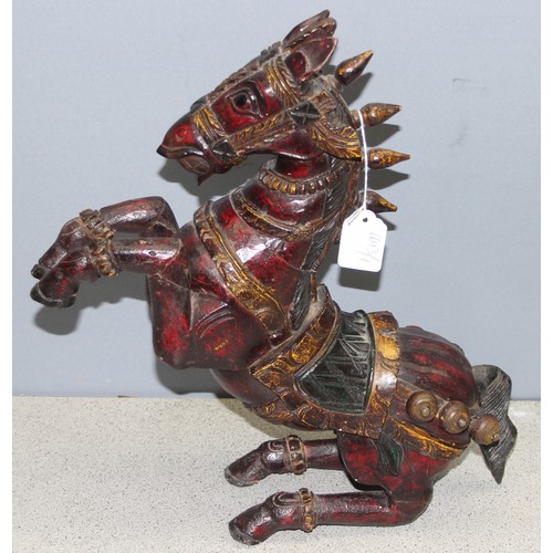 1738 - Large polychrome carved wood and painted Chinese rearing horse - some old repairs to legs, approx 42... 