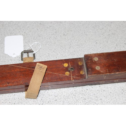 656 - Large early 20c mahogany folding land surveying triangle with brass fittings, embossed numerical cal... 