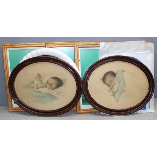 499K - Qty of prints to include 2 oval frames prints of babies and 3 underwater themes prints, a mirror and... 