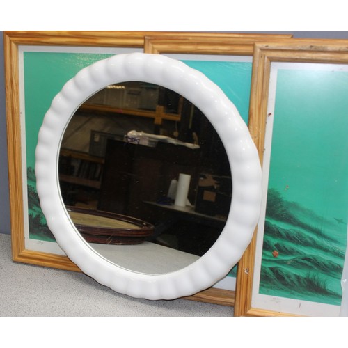 499K - Qty of prints to include 2 oval frames prints of babies and 3 underwater themes prints, a mirror and... 