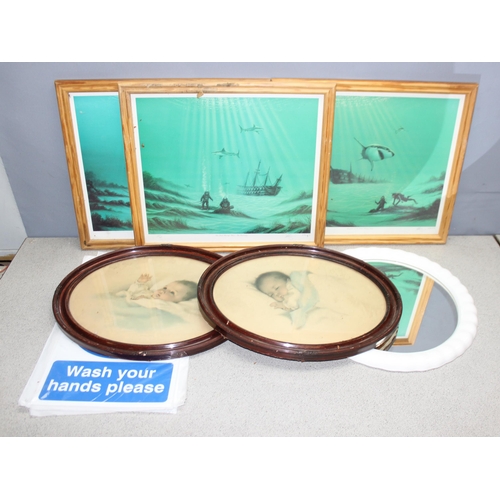 499K - Qty of prints to include 2 oval frames prints of babies and 3 underwater themes prints, a mirror and... 