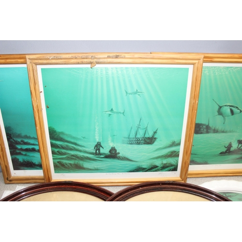 499K - Qty of prints to include 2 oval frames prints of babies and 3 underwater themes prints, a mirror and... 