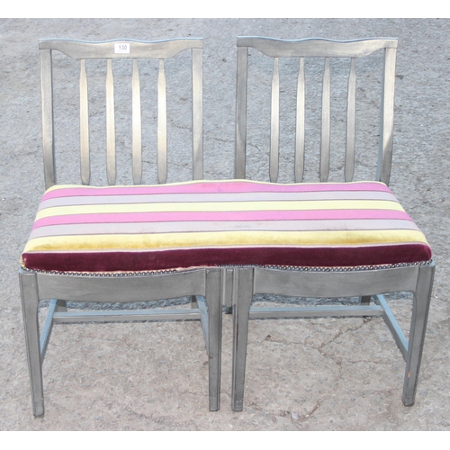 134 - A bespoke made grey painted double chair bench with colourful upholstery, approx 97cm wide x 43cm de... 