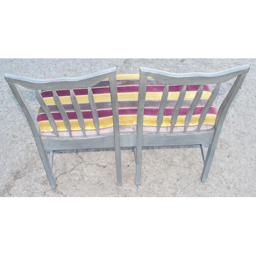 134 - A bespoke made grey painted double chair bench with colourful upholstery, approx 97cm wide x 43cm de... 