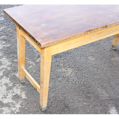 51 - An unusual vintage laboratory table with hardwood top and pine base, approx 153cm wide x 60cm deep x... 