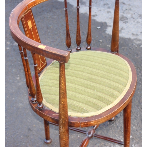 47 - An Edwardian Sheraton Revival mahogany horseshoe chair with inlaid Art Nouveau style decoration and ... 