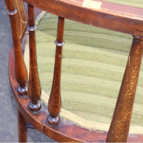 47 - An Edwardian Sheraton Revival mahogany horseshoe chair with inlaid Art Nouveau style decoration and ... 