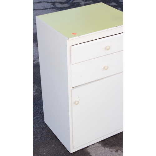 52 - Retro 2 drawer cupboard with yellow Formica top, approx 50cm wide x 42cm deep x 85cm tall