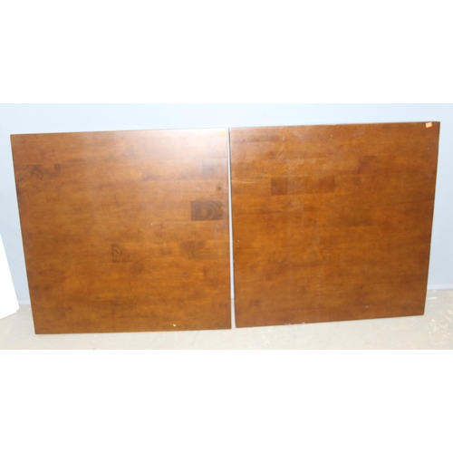 106 - 3 wooden and square topped café or restaurant tables, each approx 90cm square x 74cm tall, no fixing... 