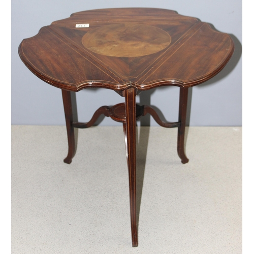 118 - Edwardian mahogany tri-drop leaf occasional table with inlaid details, approx 51cm H x 47cm x 47cm