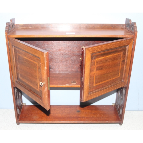 119 - Vintage mahogany wall hanging shelf and cupboard, approx 56cm wide