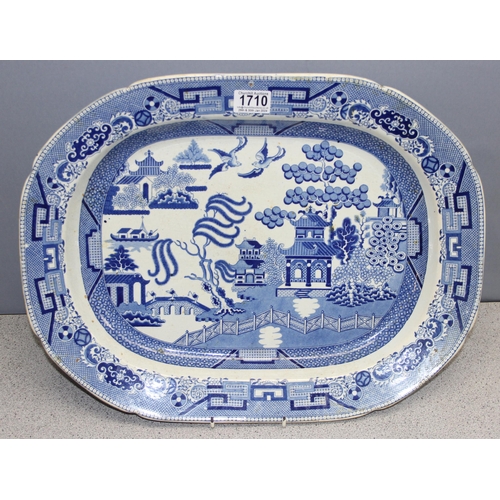 1710A - Antique blue and white Willow pattern serving plate, approx 49cm x 37cm