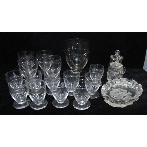 1717A - Mixed lot of glassware to incl retro drinking glasses with enamel decoration, and an antique ripple ... 