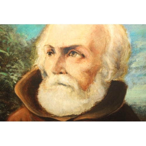 458 - A 19th century oil on canvas portrait of St Francis, various ink annotations verso, possibly JGB or ... 