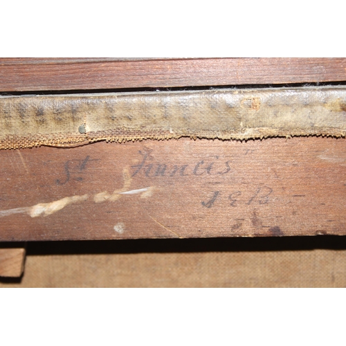 458 - A 19th century oil on canvas portrait of St Francis, various ink annotations verso, possibly JGB or ... 