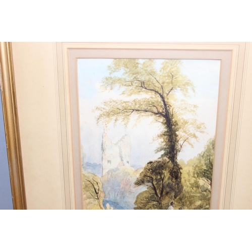 467 - Original watercolour of a Church tower landscape scene, unsigned, approx 54cm x 43cm.