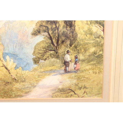 467 - Original watercolour of a Church tower landscape scene, unsigned, approx 54cm x 43cm.