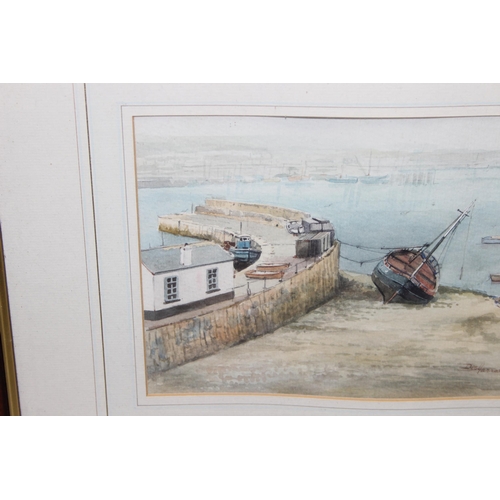 468 - Des Harradine (1927-1999) - Marinescape watercolour of a moored boat with the tide out, signed botto... 