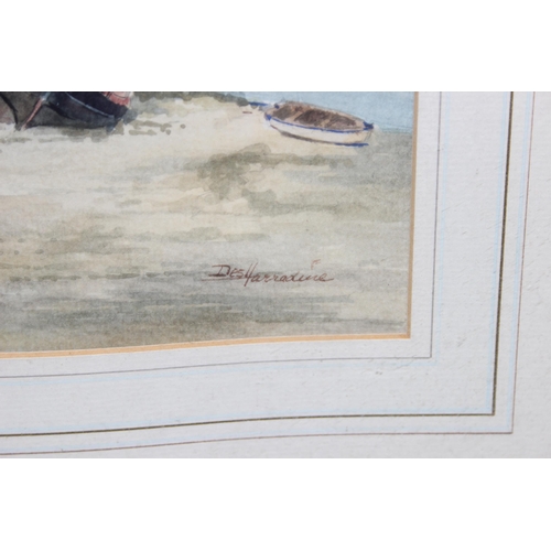 468 - Des Harradine (1927-1999) - Marinescape watercolour of a moored boat with the tide out, signed botto... 