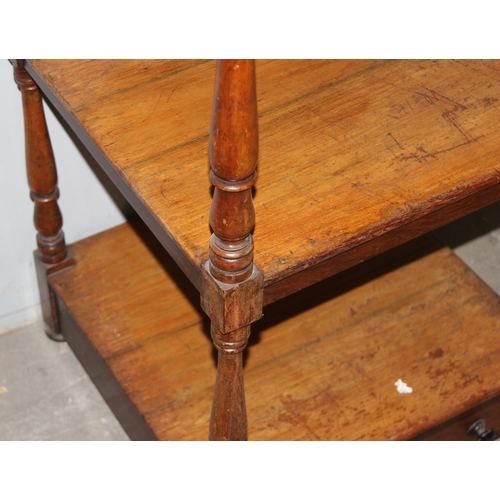 10 - An antique mahogany whatnot with 3 tiers and single drawer, approx 50cm wide x 50cm deep x 92cm tall