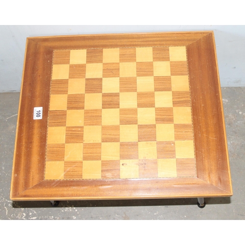 100 - Vintage inlaid wooden chess table on screw legs, approx 60cm wide x 52cm deep x 40cm tall