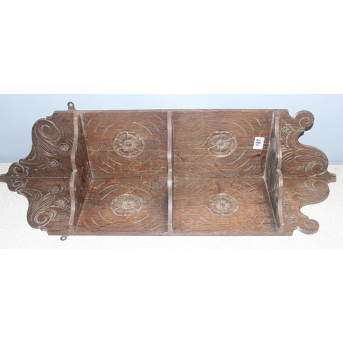 107 - Vintage Oak 3 tier corner shelf with Tudor rose carved detail, approx 100cm high