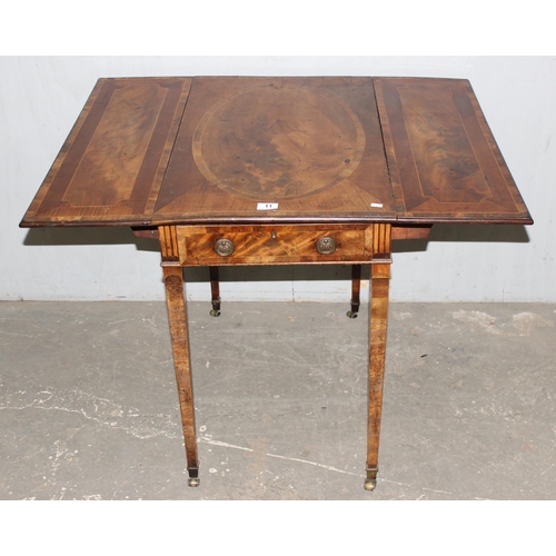 11 - A 19th century mahogany dropleaf table with various inlay and single drawer, approx 95cm (48cm when ... 