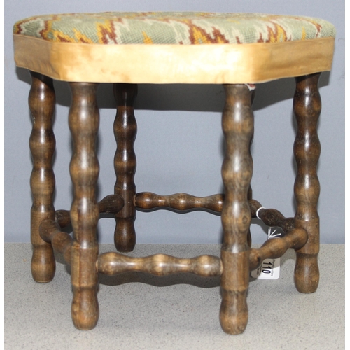 110 - An unusual vintage 6 legged stool with bobbin turned supports and tapestry top, approx 40cm wide x 3... 