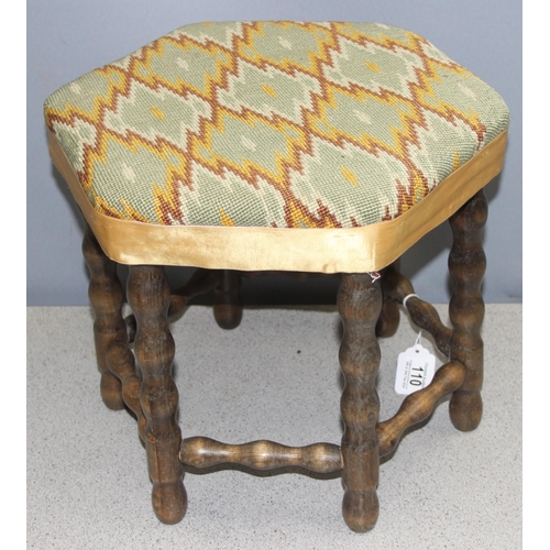 110 - An unusual vintage 6 legged stool with bobbin turned supports and tapestry top, approx 40cm wide x 3... 