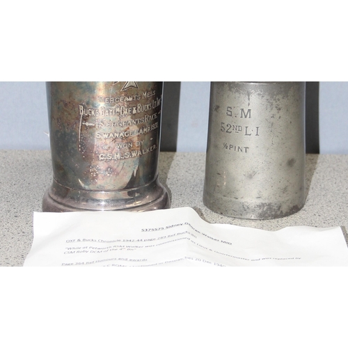 1411 - 2 Oxford & Bucks military related tankards, one silver plated awarded to C.S.M S.W. Walker 1930 & an... 