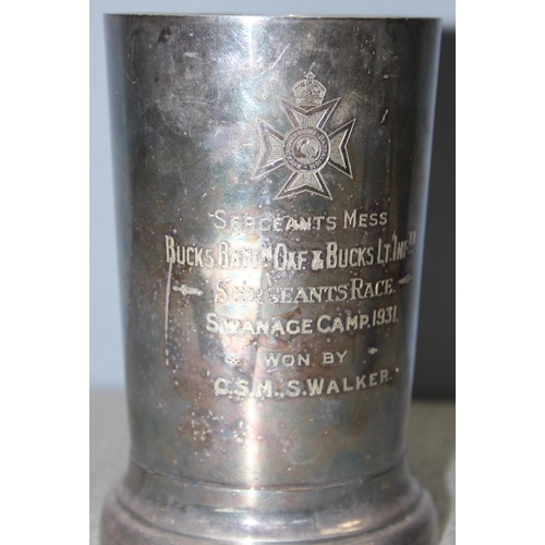 1411 - 2 Oxford & Bucks military related tankards, one silver plated awarded to C.S.M S.W. Walker 1930 & an... 